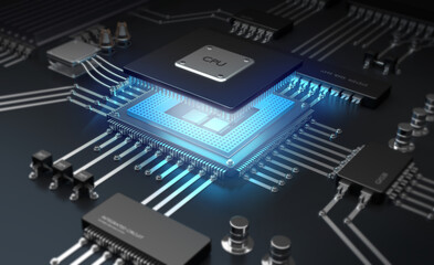 CPU MICROSHIP PROCESSOR with blue light background / Future technology