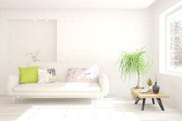 White living room with sofa. Scandinavian interior design. 3D illustration