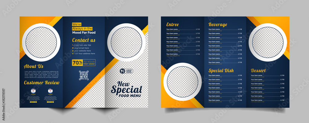 Wall mural food trifold brochure menu template. fast food menu brochure for restaurant with dark blue color