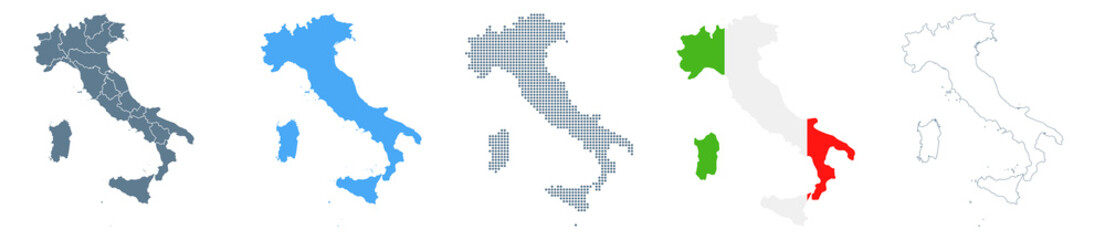 Fototapeta na wymiar Italy Map Set - Vector Solid, Contour, Regions, Flag, Pixels