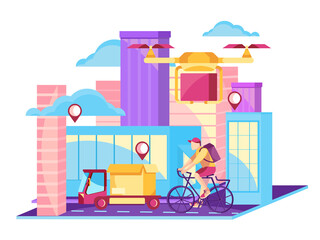 Delivery service UI illustration with a drone, courier on a bicycle, and delivery van with box. Internet shipping concept with a modern city. Transportation and logistic digital shopping ad background