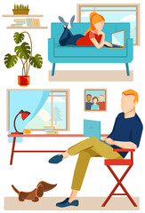 Stay at home concept. A man with a notebook working at home, a woman on the couch with a laptop. Vector illustration. 