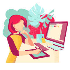 Female designer concept, design job with a tablet. Vector illustration of an art student, teacher, employee at the desk with a computer