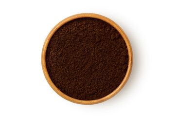 Coffee powder in wooden bowl on white background