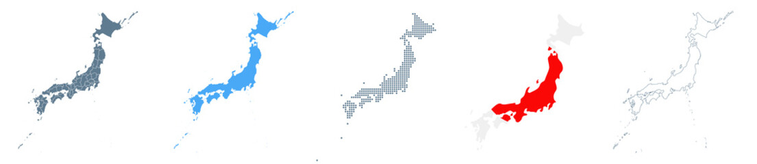 Japan Map Set - Vector Solid, Contour, Regions, Flag, Pixels
