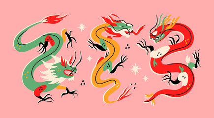 Three various Dragons. Mythological creatures. Zodiac sign. Chinese asian cartoon style. Hand drawn colored Vector illustration. Tattoo idea. Print templates. Every dragon is isolated on pink © Dariia