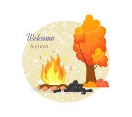Welcome autumn elements collection. Bonfire with fire, picnic by the autumn tree on a light background. Harvest time autumn greeting card