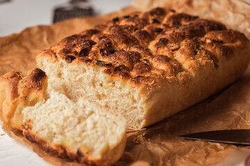 Garlic focaccia, Italian bred, close up