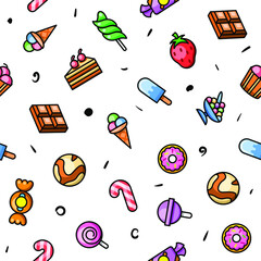 Seamless Pattern Abstract Doodle Elements Hand Drawn Collection Sweet Sketch Vector Design Style Background Candy Ice Cream Cakes Delicious Illustration Cartoon Icons