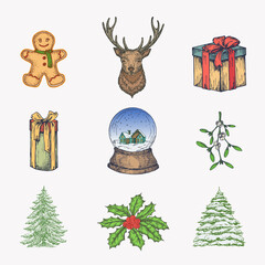 Hand Drawn Colorful Christmas Icons Bundle. A Collection of Winter Holidays New Year Sketches. Engraving Style Xmas Doodle Drawings Set of Ginger Cookie, Deer, Gift Boxes, Snowball and Pines.