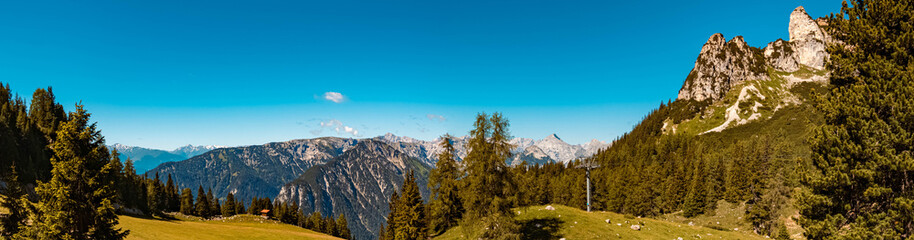 Fototapeta na wymiar High resolution stitched panorama of a beautiful alpine view at the famous Rofan summit, Maurach, Achensee, Pertisau, Tyrol, Austria