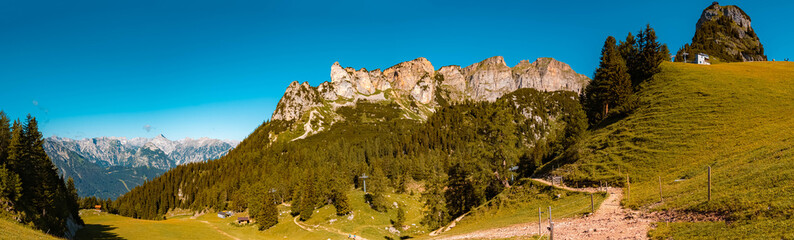 Obraz premium High resolution stitched panorama of a beautiful alpine view at the famous Rofan summit, Maurach, Achensee, Pertisau, Tyrol, Austria