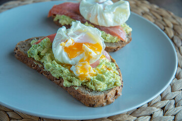 Sandwich with avocado, salmon and poached egg