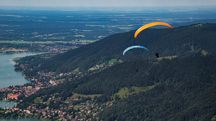 Beautiful alpine view with paragliders at the famous Wallberg, Rottach-Egern, Tegernsee, Bavaria, Germany