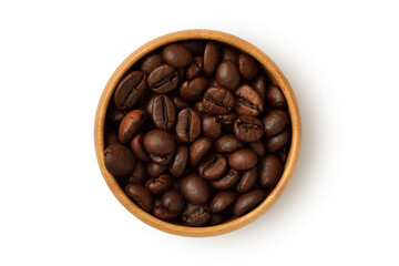 Coffee beans in wooden bowl on white background