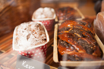 Close up of delicious cakes on the display at coffee shop