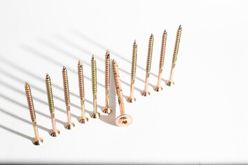 self-tapping screws made of bronze metal stand upright on a white background.