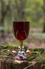 Red glass with a skull. Alcoholic drink for a party