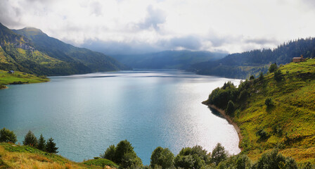 Fototapeta na wymiar Roselend lake near Cormet de Roselend pass, Savoie, France