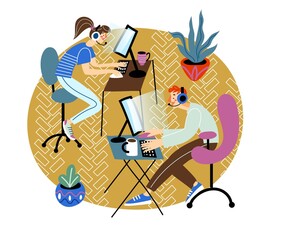 Teens playing video games on computers. Boy and girl sitting on chairs, talking and typing. Online social network lifestyle vector illustration. Hipster students with devices