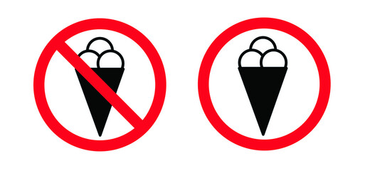 No ice symbol, Forbid ice cream cones, waffle creamy sign. No eating signboard zone. Flat vector. Ice prohibited. No eat ice allowed in this area. Stop halt allowed Do not enter. Do not food signs.