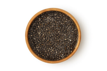 Chia gel in wooden bowl on white background