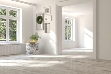 Fototapeta premium White empty room with summer landscape in window. Scandinavian interior design. 3D illustration