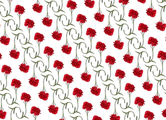 pattern of red carnations with stems on a white background