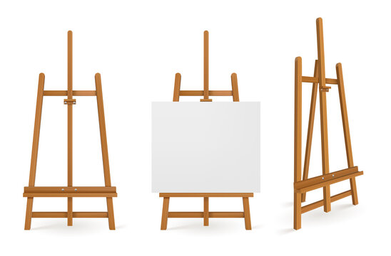 Wooden easels or painting art boards with white canvas front and side view. Artwork blank posters mockup. Wood stands empty and with paper, artist equipment, Realistic 3d vector illustration, set
