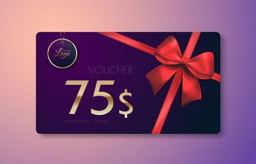 Gift voucher with red ribbon and bow. Discount gift cards template. Vector illustration