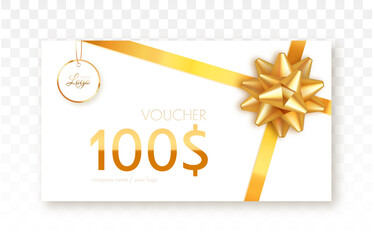 Gift voucher template isolated. Vector gift card with gold ribbon and bow.