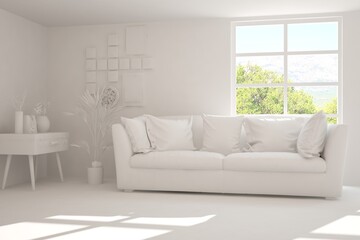 White living room with sofa and summer landscape in window. Scandinavian interior design. 3D illustration