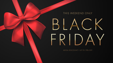 Black friday sale background with red bow. Sale promo Banner or poster with gold text discount. Vector illustration