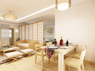There are tables and chairs in the dining room of Nordic style