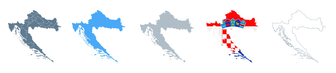 Fototapeta na wymiar Croatia Map Set - Vector Solid, Contour, Regions, Flag, Pixels