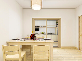 There are tables and chairs in the dining room of Nordic style