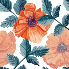 Red poppy seamless pattern. Hand painted watercolor floral endless background. Bright orange flowers with blue green leaves on white background.