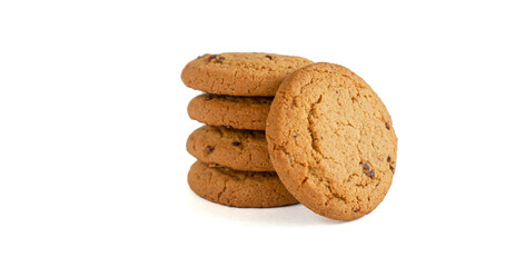 Crunchy oatmeal cookies isolated on a white background. Selective focus. Festival Of Homemade Cookies. Copy of the space