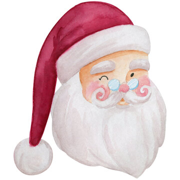 Santa Claus winking face watercolor illustration. Cartoon character. Hand painted Santa head wearing hat. Vintage santa clipart watercolor.