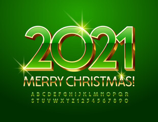 Naklejka premium Vector greeting card Merry Christmas 2021! Green and Gold 3D Font. Luxury Alphabet Letters and Number set