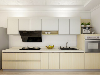 The modern clean kitchen has clean kitchen utensils and countertops