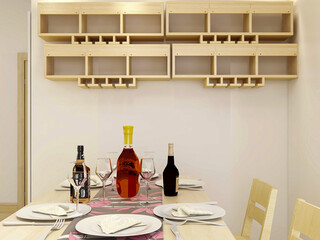 There are tables and chairs in the dining room of Nordic style