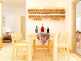 There are tables and chairs in the dining room of Nordic style