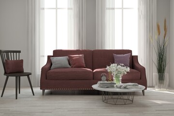 White living room with sofa. Scandinavian interior design. 3D illustration