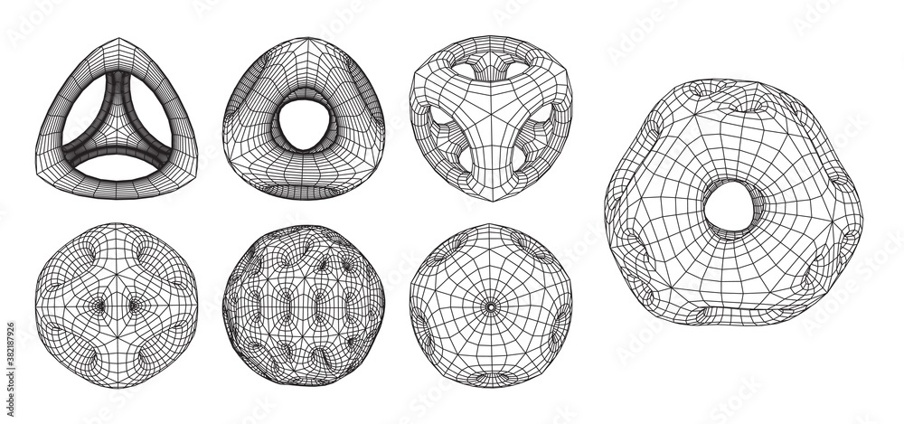 Aufkleber Set of abstract 3d wireframe shapes or elements with smooth corners and holes. Scientific and geometric abstraction with deformed plationic forms