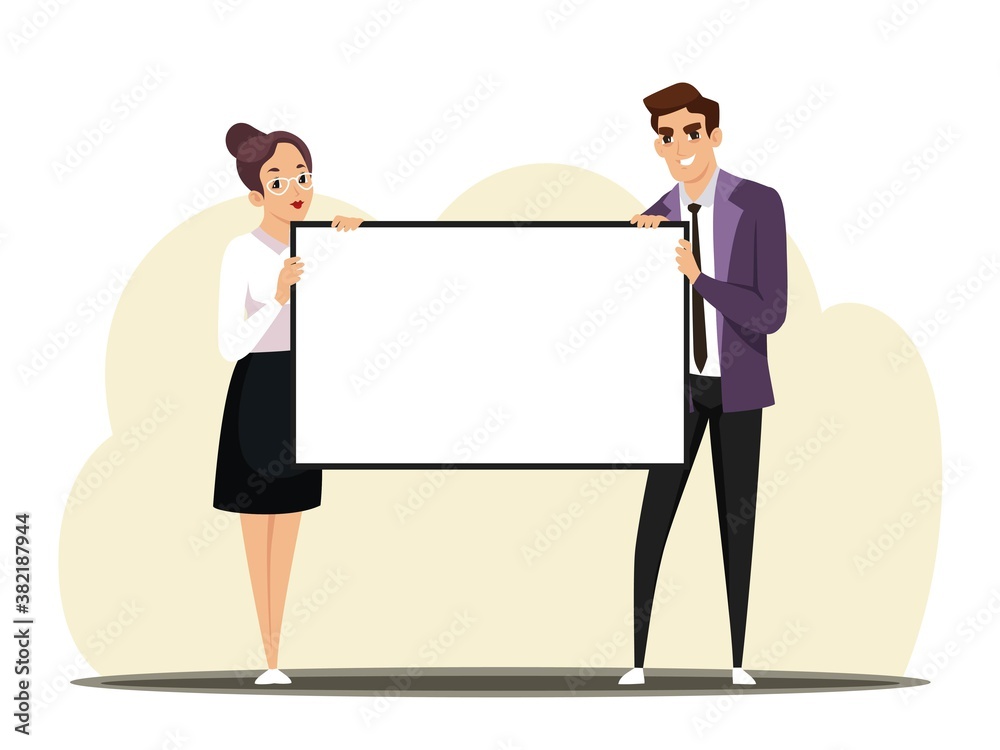 Wall mural business man and woman holding blank banner. professional people with white announcement board. post