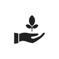 Hand holding leaf icon. Brunch tree and human arm black outline. Vector illustration isolated on white. Ecology symbol. Nature protection concept.