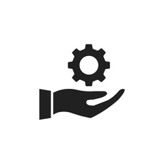 Hand holding gear icon. Technology black outline symbol. Vector illustration isolated on white.