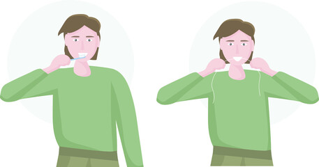 A man brushes his teeth daily with a toothbrush and flosses. Oral hygiene every day. It is important to brush your teeth properly and on time.  Vector illustration flat design