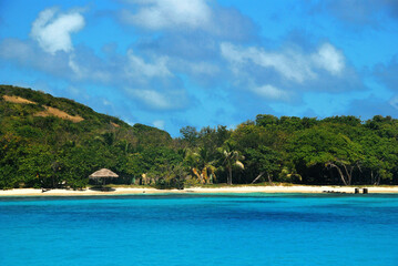 Fototapeta na wymiar malownicza karaibska wysepka Petit Saint Vincent w lutym. Widok od strony morza. Biały piasek, błękitna woda dużo zieleni